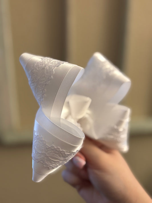 White Satin Lace Hair Bow