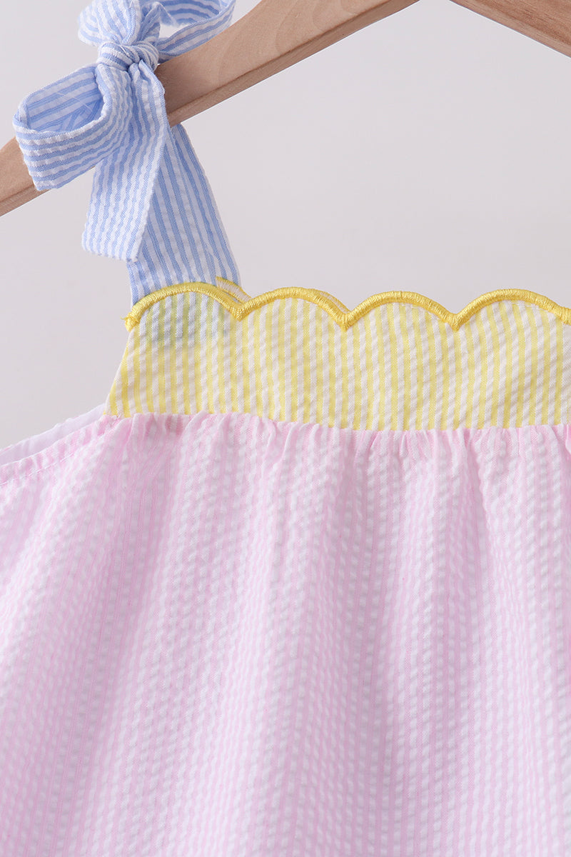 Pink Stripe Seersucker Bow Ruffle Shorts Set