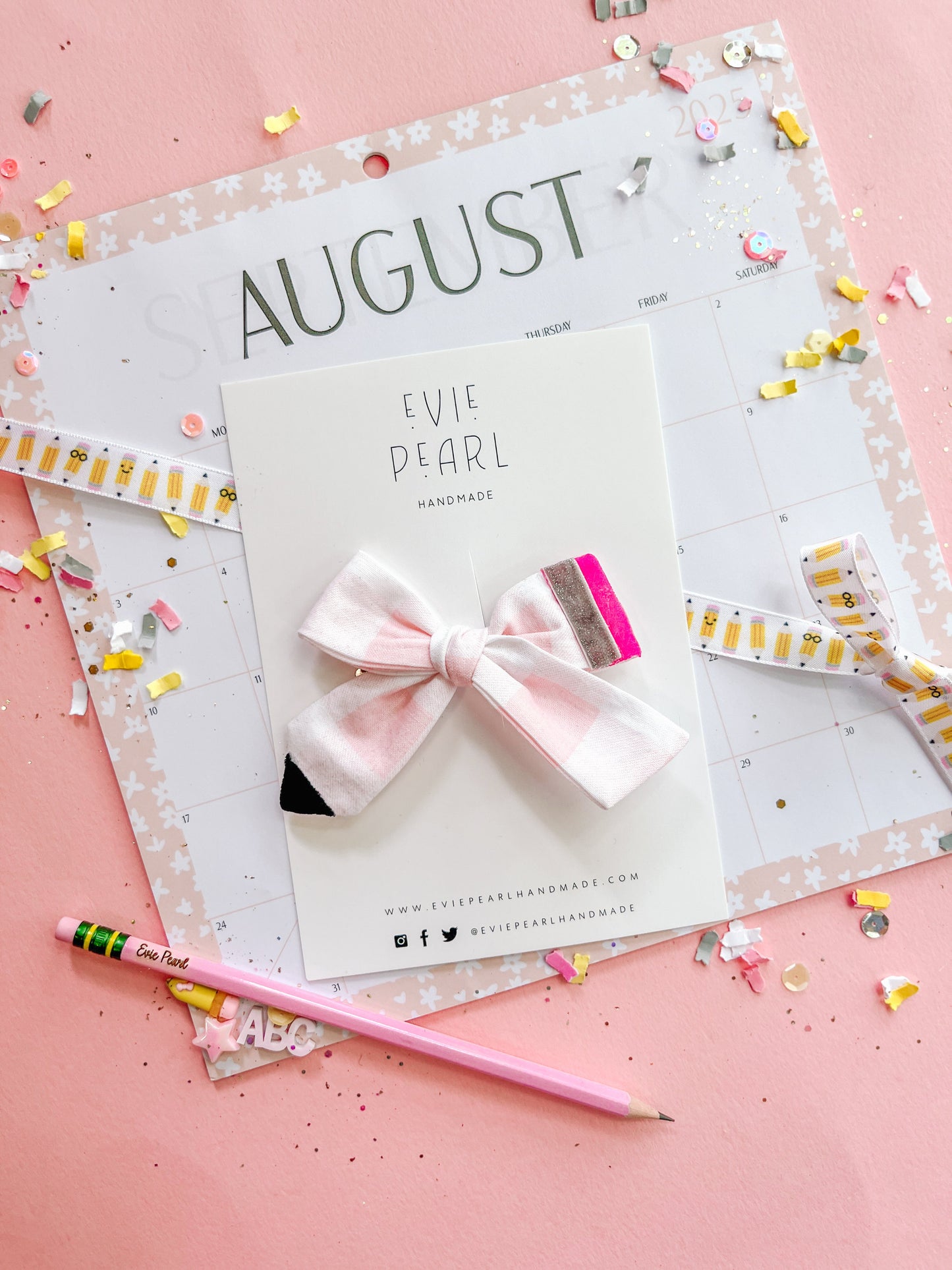 Pink Gingham Pencil Medium Hair Bow
