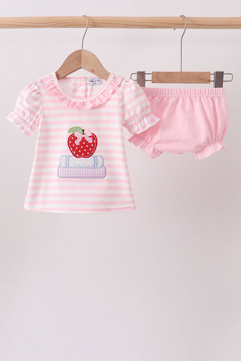 Pink Stripe Apple Book Applique Bloomer Set