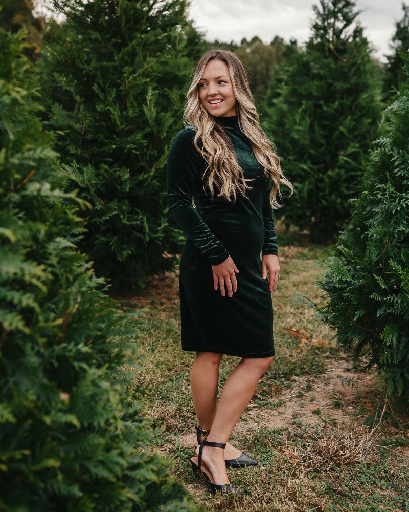 Delta Mock Neck Dress - Hunter Green Velour