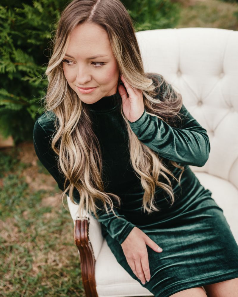 Delta Mock Neck Dress - Hunter Green Velour
